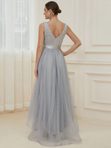 Color=Silver | Sparkling Wholesale Evening Dresses with Asymmetrical Hem Deep V Neck-Silver 2