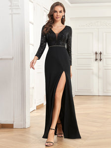 Color=Black | Long Sleeves Deep V Neck Fishtail Split Wholesale Evening Dresses-Black 4