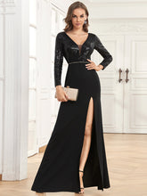 Load image into Gallery viewer, Color=Black | Long Sleeves Deep V Neck Fishtail Split Wholesale Evening Dresses-Black 1