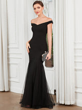 Load image into Gallery viewer, Color=Black | V Neck Floor Length Off Shoulders Fishtail Wholesale Evening Dresses-Black 3