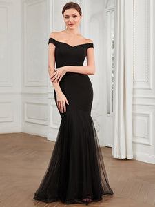 Color=Black | V Neck Floor Length Off Shoulders Fishtail Wholesale Evening Dresses-Black 4