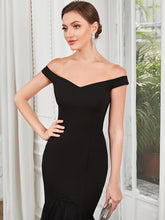 Load image into Gallery viewer, Color=Black | V Neck Floor Length Off Shoulders Fishtail Wholesale Evening Dresses-Black 5