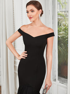 Color=Black | V Neck Floor Length Off Shoulders Fishtail Wholesale Evening Dresses-Black 5