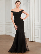 Load image into Gallery viewer, Color=Black | V Neck Floor Length Off Shoulders Fishtail Wholesale Evening Dresses-Black 1