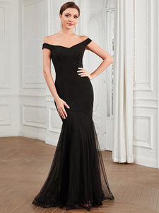 Color=Black | V Neck Floor Length Off Shoulders Fishtail Wholesale Evening Dresses-Black 1