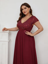 Load image into Gallery viewer, Color=Burgundy | Deep V Neck Pencil Wholesale Evening Dresses with Short Sleeves-Burgundy 5