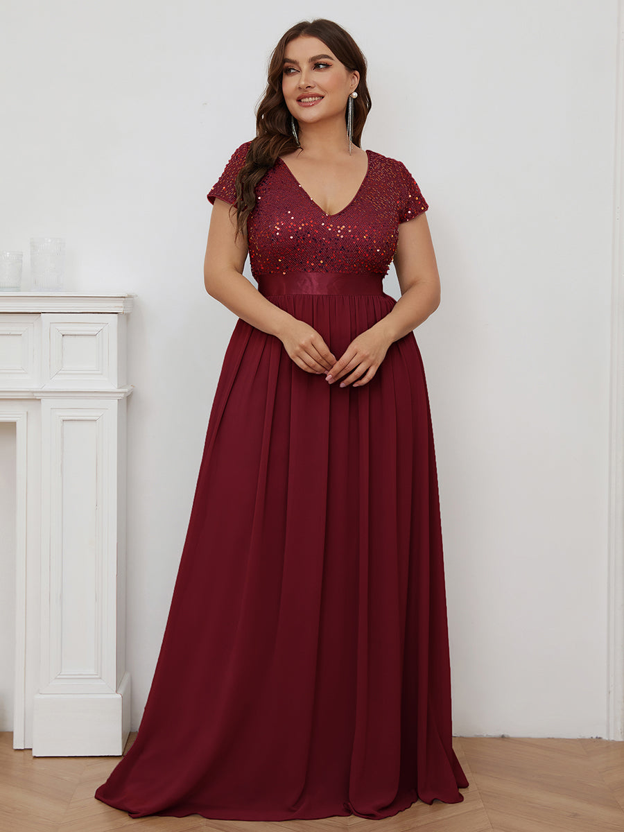 Color=Burgundy | Deep V Neck Pencil Wholesale Evening Dresses with Short Sleeves-Burgundy 1