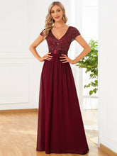 Load image into Gallery viewer, Color=Burgundy | Deep V Neck Pencil Wholesale Evening Dresses with Short Sleeves-Burgundy 1