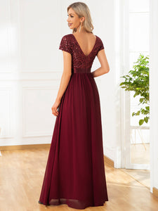 Color=Burgundy | Deep V Neck Pencil Wholesale Evening Dresses with Short Sleeves-Burgundy 2