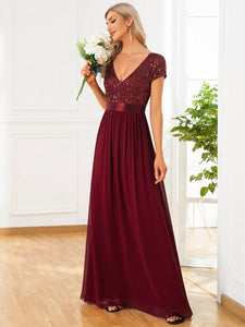 Color=Burgundy | Deep V Neck Pencil Wholesale Evening Dresses with Short Sleeves-Burgundy 3