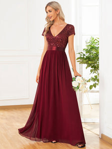 Color=Burgundy | Deep V Neck Pencil Wholesale Evening Dresses with Short Sleeves-Burgundy 4