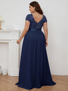 Color=Navy Blue | Deep V Neck Pencil Wholesale Evening Dresses with Short Sleeves-Navy Blue 2