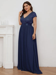 Color=Navy Blue | Deep V Neck Pencil Wholesale Evening Dresses with Short Sleeves-Navy Blue 3