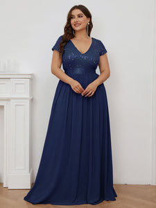 Color=Navy Blue | Deep V Neck Pencil Wholesale Evening Dresses with Short Sleeves-Navy Blue 1
