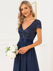 Color=Navy Blue | Deep V Neck Pencil Wholesale Evening Dresses with Short Sleeves-Navy Blue 5