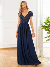 Load image into Gallery viewer, Color=Navy Blue | Deep V Neck Pencil Wholesale Evening Dresses with Short Sleeves-Navy Blue 1