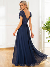 Load image into Gallery viewer, Color=Navy Blue | Deep V Neck Pencil Wholesale Evening Dresses with Short Sleeves-Navy Blue 2