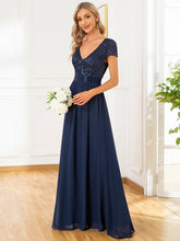 Load image into Gallery viewer, Color=Navy Blue | Deep V Neck Pencil Wholesale Evening Dresses with Short Sleeves-Navy Blue 3