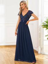 Load image into Gallery viewer, Color=Navy Blue | Deep V Neck Pencil Wholesale Evening Dresses with Short Sleeves-Navy Blue 4