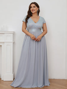 Color=Silver | Deep V Neck Pencil Wholesale Evening Dresses with Short Sleeves-Silver 1