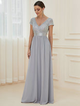 Load image into Gallery viewer, Color=Silver | Deep V Neck Pencil Wholesale Evening Dresses with Short Sleeves-Silver 3