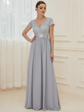 Load image into Gallery viewer, Color=Silver | Deep V Neck Pencil Wholesale Evening Dresses with Short Sleeves-Silver 4