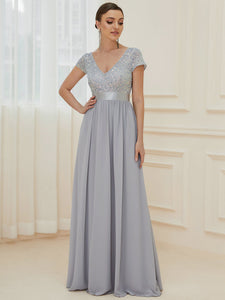 Color=Silver | Deep V Neck Pencil Wholesale Evening Dresses with Short Sleeves-Silver 4