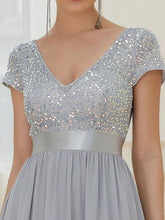 Load image into Gallery viewer, Color=Silver | Deep V Neck Pencil Wholesale Evening Dresses with Short Sleeves-Silver 5