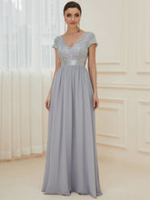 Load image into Gallery viewer, Color=Silver | Deep V Neck Pencil Wholesale Evening Dresses with Short Sleeves-Silver 1