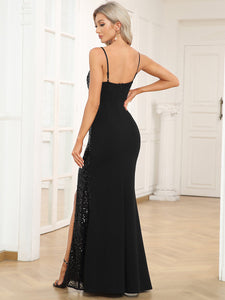 Color=Black | Deep V Neck Spaghetti Straps Split A Line Wholesale Evening Dresses-Black 2