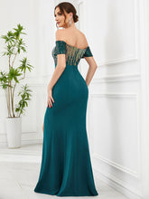 Load image into Gallery viewer, Color=Teal | Off Shoulders Fishtail Short Sleeves Split Wholesale Evening Dresses-Teal 2