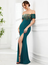 Load image into Gallery viewer, Color=Teal | Off Shoulders Fishtail Short Sleeves Split Wholesale Evening Dresses-Teal 4