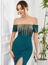 Load image into Gallery viewer, Color=Teal | Off Shoulders Fishtail Short Sleeves Split Wholesale Evening Dresses-Teal 5