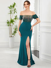 Load image into Gallery viewer, Color=Teal | Off Shoulders Fishtail Short Sleeves Split Wholesale Evening Dresses-Teal 1