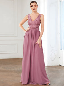 Color=Orchid | Deep V Neck A Line Sleeveless Wholesale Bridesmaid Dresses-Orchid 1