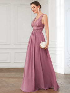 Color=Orchid | Deep V Neck A Line Sleeveless Wholesale Bridesmaid Dresses-Orchid 4