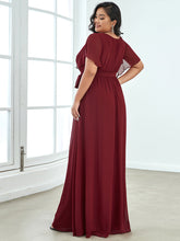 Load image into Gallery viewer, Color=Burgundy | A Line Plus Size Wholesale Bridesmaid Dresses with Deep V Neck Ruffles Sleeves-Burgundy 2