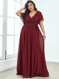 Color=Burgundy | A Line Plus Size Wholesale Bridesmaid Dresses with Deep V Neck Ruffles Sleeves-Burgundy 3