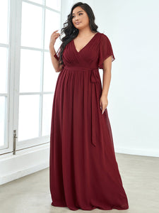Color=Burgundy | A Line Plus Size Wholesale Bridesmaid Dresses with Deep V Neck Ruffles Sleeves-Burgundy 4