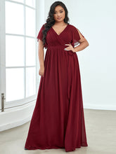 Load image into Gallery viewer, Color=Burgundy | A Line Plus Size Wholesale Bridesmaid Dresses with Deep V Neck Ruffles Sleeves-Burgundy 1