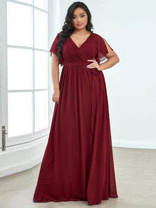 Color=Burgundy | A Line Plus Size Wholesale Bridesmaid Dresses with Deep V Neck Ruffles Sleeves-Burgundy 1