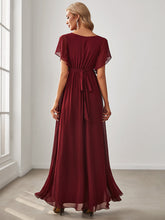 Load image into Gallery viewer, Color=Burgundy | A Line Wholesale Bridesmaid Dresses with Deep V Neck Ruffles Sleeves-Burgundy 2