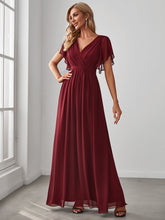 Load image into Gallery viewer, Color=Burgundy | A Line Wholesale Bridesmaid Dresses with Deep V Neck Ruffles Sleeves-Burgundy 3
