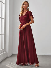 Load image into Gallery viewer, Color=Burgundy | A Line Wholesale Bridesmaid Dresses with Deep V Neck Ruffles Sleeves-Burgundy 4