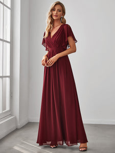 Color=Burgundy | A Line Wholesale Bridesmaid Dresses with Deep V Neck Ruffles Sleeves-Burgundy 4