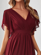 Load image into Gallery viewer, Color=Burgundy | A Line Wholesale Bridesmaid Dresses with Deep V Neck Ruffles Sleeves-Burgundy 5