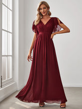 Load image into Gallery viewer, Color=Burgundy | A Line Wholesale Bridesmaid Dresses with Deep V Neck Ruffles Sleeves-Burgundy 1