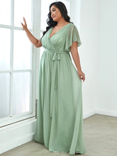 Load image into Gallery viewer, Color=Mint Green | A Line Plus Size Wholesale Bridesmaid Dresses with Deep V Neck Ruffles Sleeves-Mint Green 3
