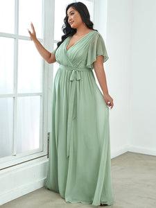 Color=Mint Green | A Line Plus Size Wholesale Bridesmaid Dresses with Deep V Neck Ruffles Sleeves-Mint Green 3