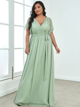 Load image into Gallery viewer, Color=Mint Green | A Line Plus Size Wholesale Bridesmaid Dresses with Deep V Neck Ruffles Sleeves-Mint Green 4